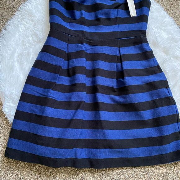 Trina Turk Strapless Mini Dress NEW Pockets Black Blue Striped Women’s 12 Lined - Picture 3 of 12